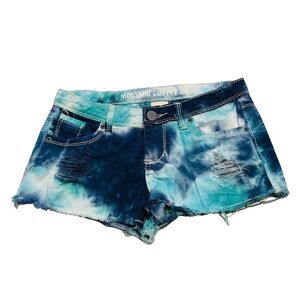 10/$25🦋 Mossimo Teal & Blue Tie Dye Low-Rise Distressed Frayed Denim Shorts - 3
